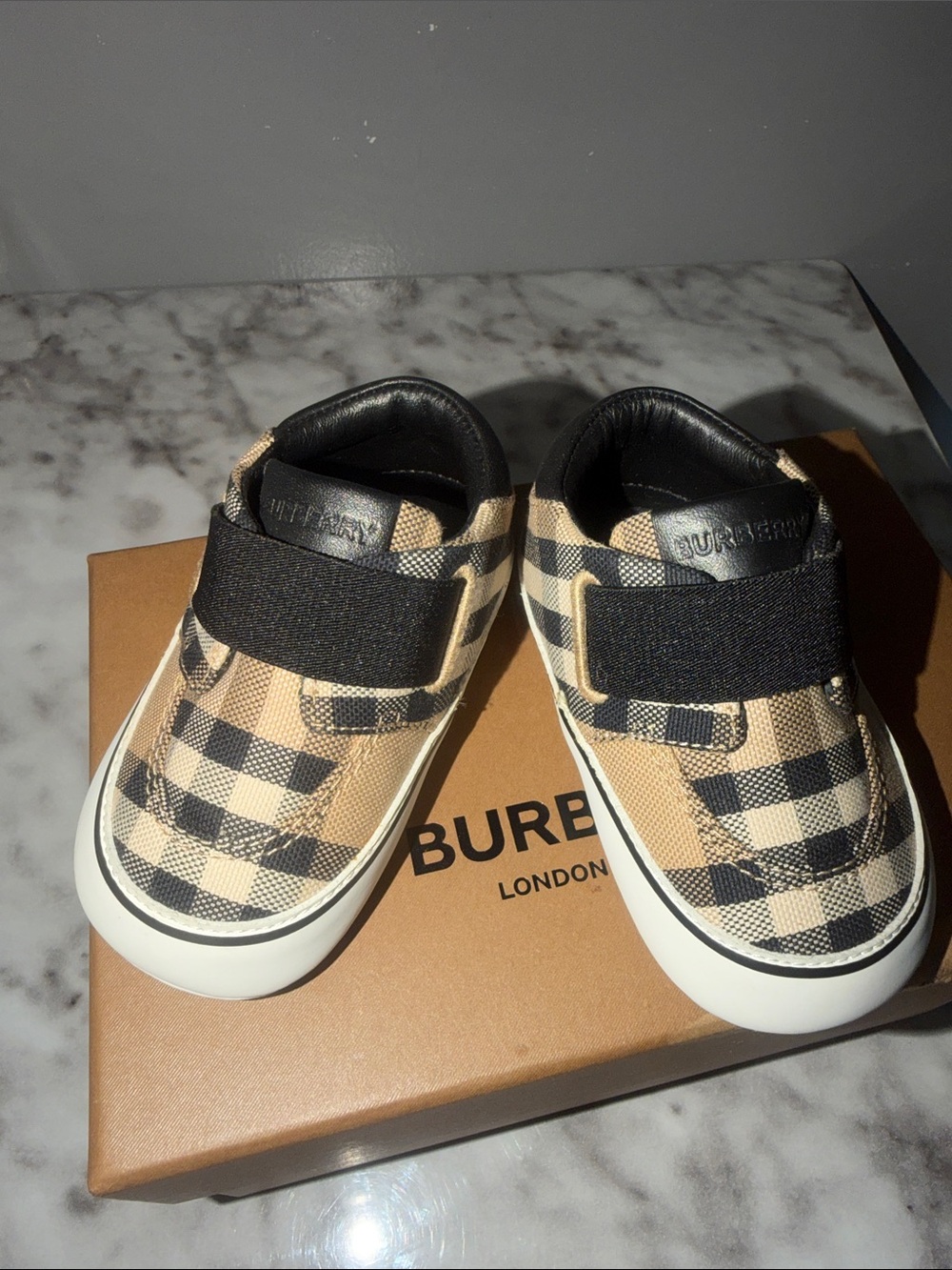 Burberry Tan & Black Check Kids Velcro Sneakers